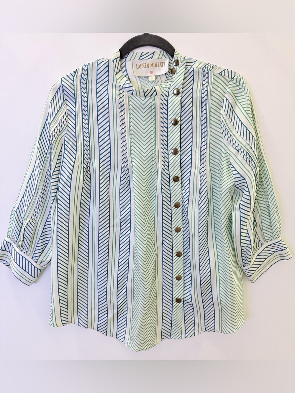 Lauren Moffatt 100% Silk Green & Navy Striped Snap-Front Shirt